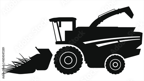 Silhouette of modern combine harvester agricultural machine isolated on white background, black farming equipment illustration for harvesting crops, rural agriculture technology and farm machinery 