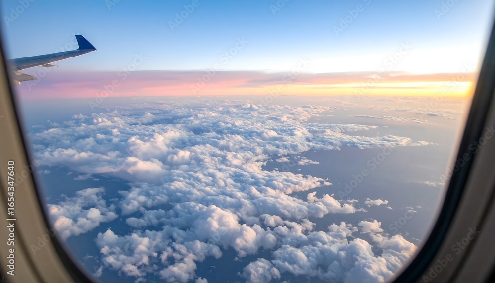 Obraz premium Airplane window view of clouds and sunset