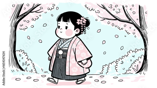 Japanese Girl Strolling Through Cherry Blossom Trees Traditional Attire & Delicate Petals