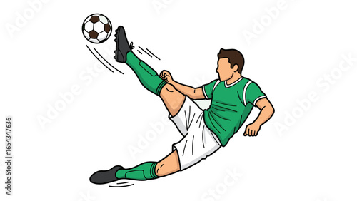 Illustration of a male soccer player in a green uniform executing a dynamic volley kick.