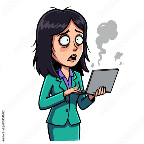 Anxious businesswoman shocked by technology issues, representing stress and memory challenges useful for workplace wellness and mental health resources