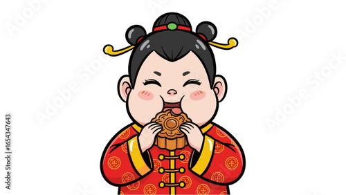 Joyful illustration of a chubby Chinese character enjoying a delicious mooncake, celebrating mid-autumn festival traditions.