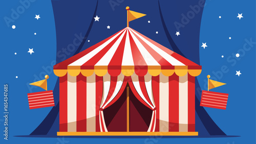Red and white striped circus tent set against a clear blue sky, evoking a festive atmosphere..eps