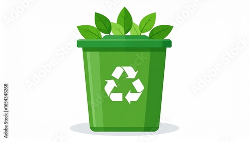 Eco-friendly concept with a green recycling trash can and fresh leaves. A symbol of sustainability and environmental protection
