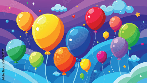 A collection of colorful balloons floating against a plain white background..eps