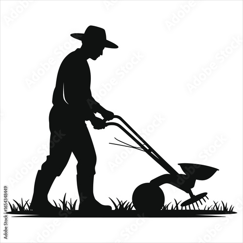 Silhouette vector illustration of farmer in hat operating walk-behind cultivator plough in grassy field, manual tiller agricultural equipment icon, rural farming scene isolated on white background art