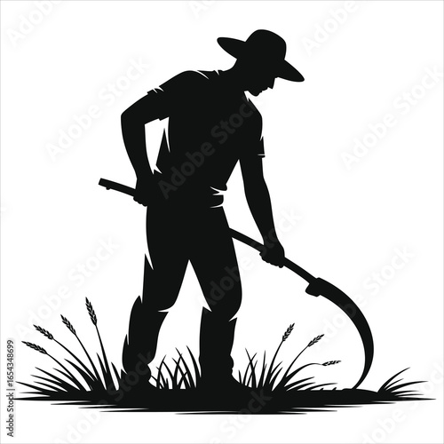 Silhouette of Farmer Harvesting Crops with Scythe – Traditional Agriculture Concept, Manual Labor in Farming, Vintage Rural Worker Using Hand Tool for Cutting Wheat or Grass in Field Illustration