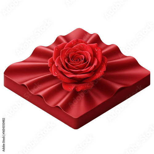 Red rose on silk fabric, representing passion, memory, and solemn tribute.