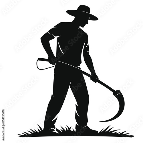 Farmer Mowing with Scythe Silhouette. Traditional Agricultural Worker Harvesting Grass or Crops. Rural Life and Vintage Tool Vector Illustration