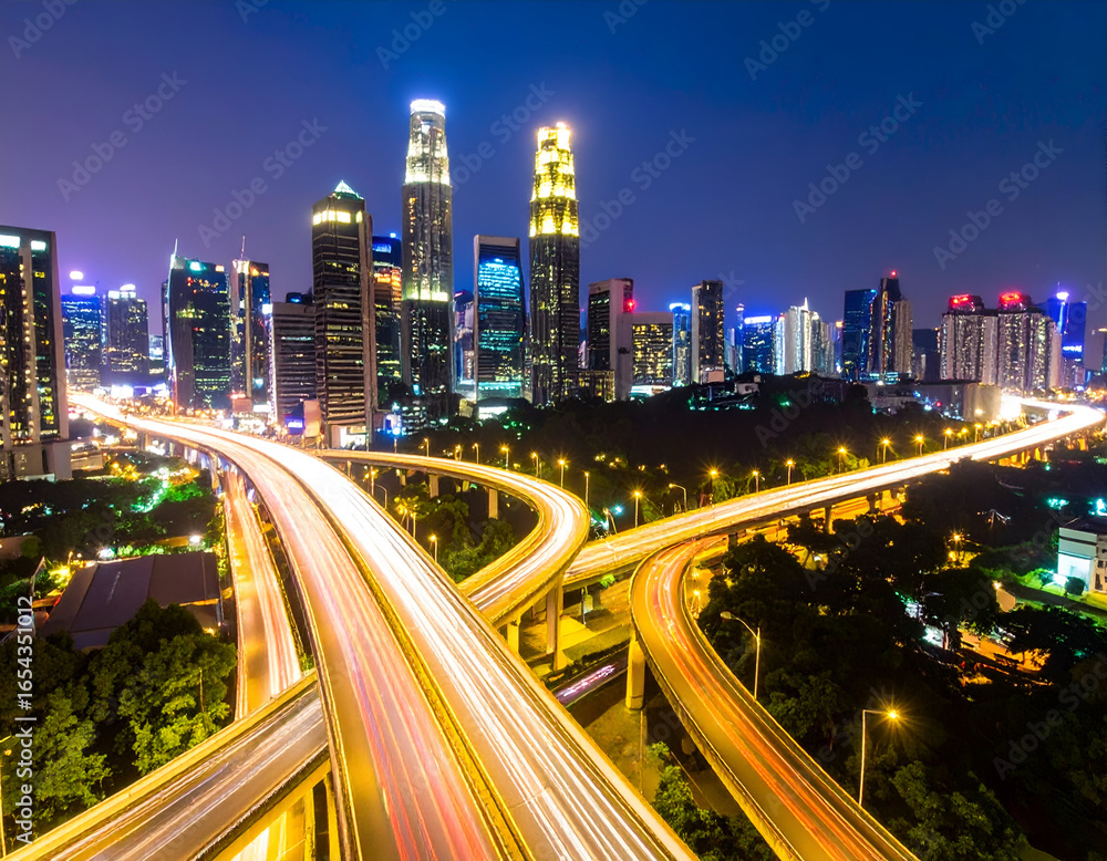 Obraz premium Night City Highway with Light Trails and Illuminated Skyline