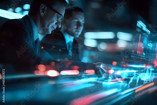 Businessmen work on a futuristic interface.