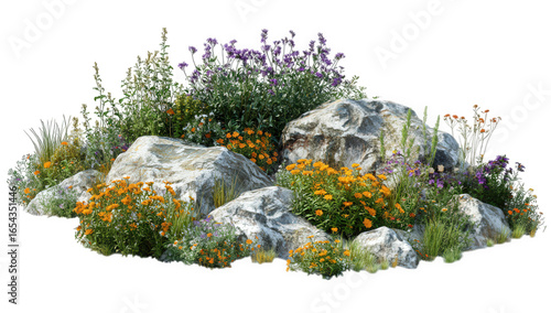 A beautiful rock garden with vibrant flowers and lush green plants isolated on transparent background