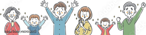 喜んでいる家族三世帯　上半身　ベクター
