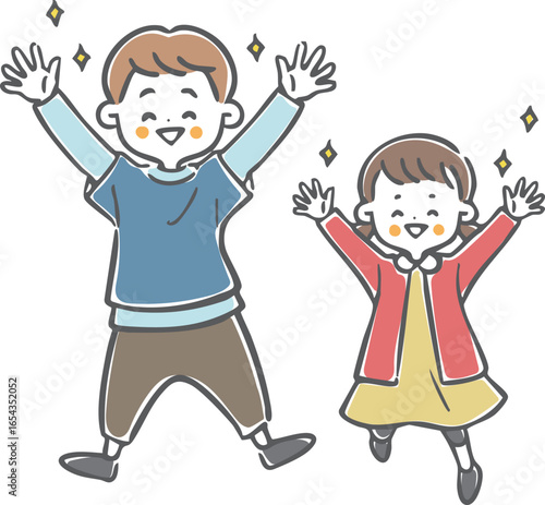 喜んでいる男の子と女の子　全身　ベクター
