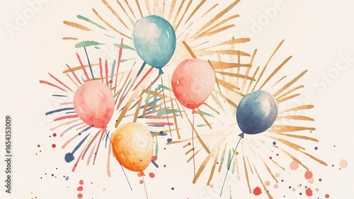 Festive Celebration with Colorful Balloons, Fireworks, and Vibrant Watercolor Art Illustration Atmosphere