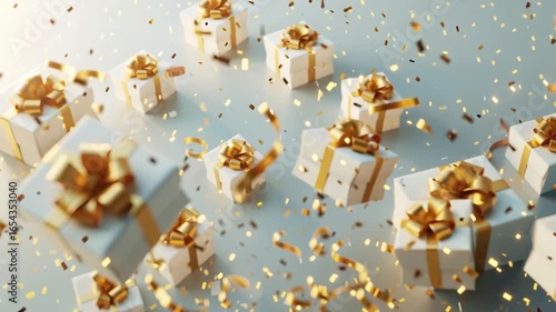 Beautifully Wrapped Gift Box with Golden Ribbon and Bow Surrounded by Sparkling Confetti Creates Festive Celebration Atmosphere