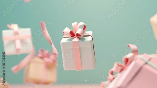 Floating Pastel Gift Boxes with Ribbons Create Whimsical and Festive Celebration Atmosphere