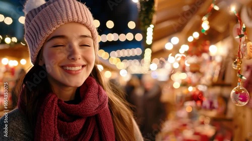 Smiling woman in winter attire enjoys festive Christmas market lights, surrounded by twinkling holiday decorations and cheerful ambiance