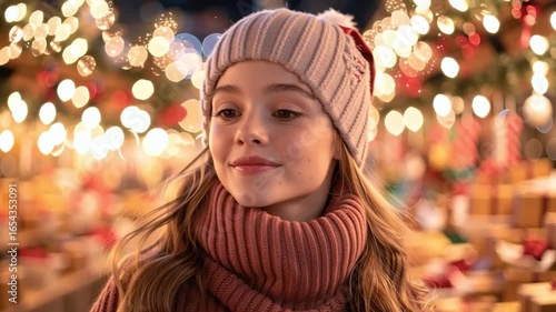 Joyful Woman in Cozy Winter Outfit Enjoys Festive Christmas Lights at Holiday Market with Twinkling Decorations
