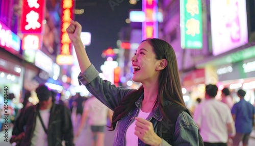 A joyful woman raises her arm in celebration amidst a vibrant night market scene, bathed in the glowing lights of neon signs.