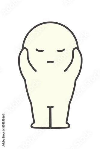 A simple full-length portrait of a person covering their ears so they can't hear.