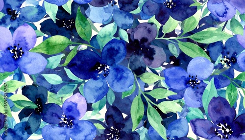 A vibrant floral pattern showcasing a multitude of deep blue and purple watercolor flowers, set against a light background, with lush green leaves, creating a romantic and delicate aesthetic.