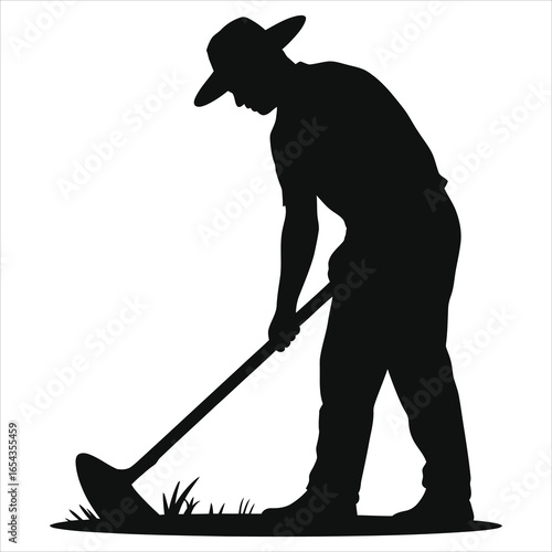 Silhouette of farmer working in field with hoe, vector illustration of agricultural laborer in hat cultivating soil, traditional rural farming, agriculture worker, manual cultivation and farmland