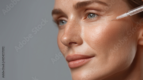 Botox injection being applied to smooth skin near eye of woman with blue eyes and natural makeup, showing calm and confident expression