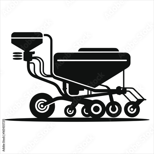 Seed Drill Planter Silhouette - Modern Agricultural Machinery Vector Icon. Ideal for Farming, Crop Sowing, Field Cultivation & Agronomy Designs.