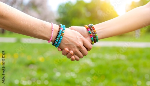 Women's hands clasped, friendship bracelets, sunny park