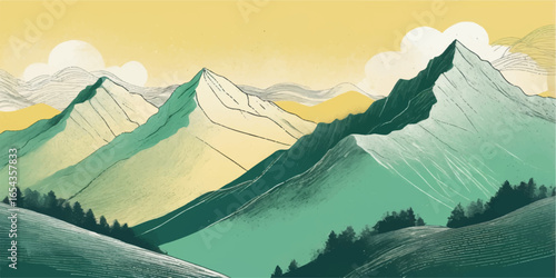 A serene mountain landscape at sunrise, with rolling hills and a light fog settling in the valley below