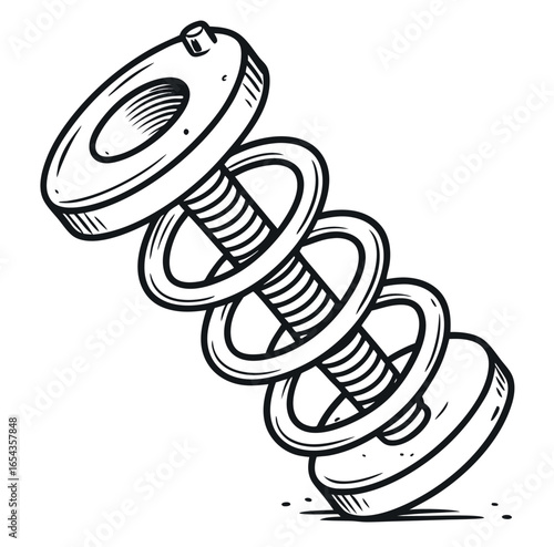 Exploded view of a screw with washers and nuts