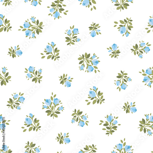 Cute floral seamless pattern with blue small bloom roses flower with green branch leaves fashion fabric print textile ditsy style. Vector illustration graphic template