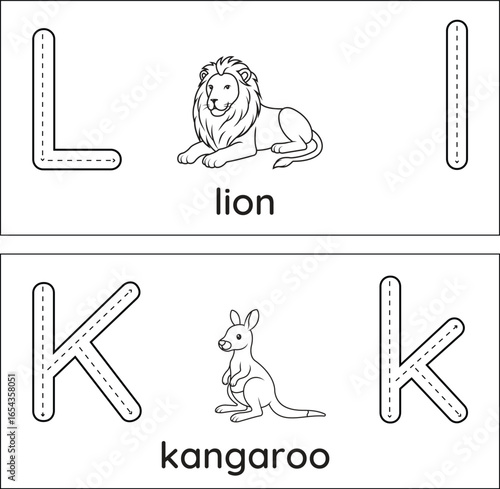 Tracing Alphabet flashcards KL with kangaroo, lion. Educational printable Worksheets for kids. Good for preschool learning, coloring, letter recognition and handwriting practice
