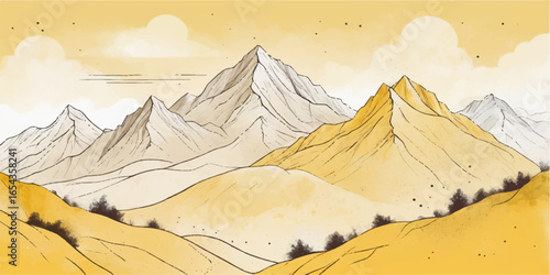High snow peaks of the mountain landscape against a blue sky with clouds