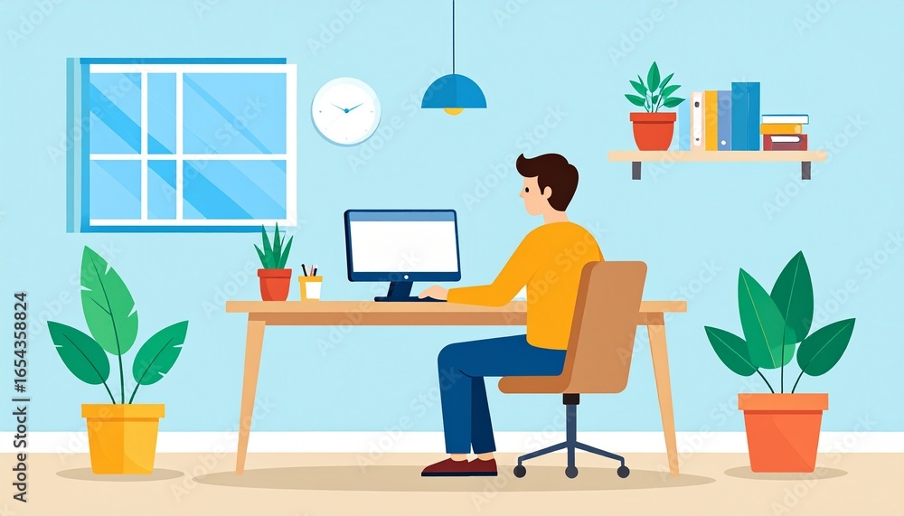 Fototapeta premium A man diligently working on his computer in a comfortable and modern home office setting, showcasing the flexibility of remote work and digital productivity from home