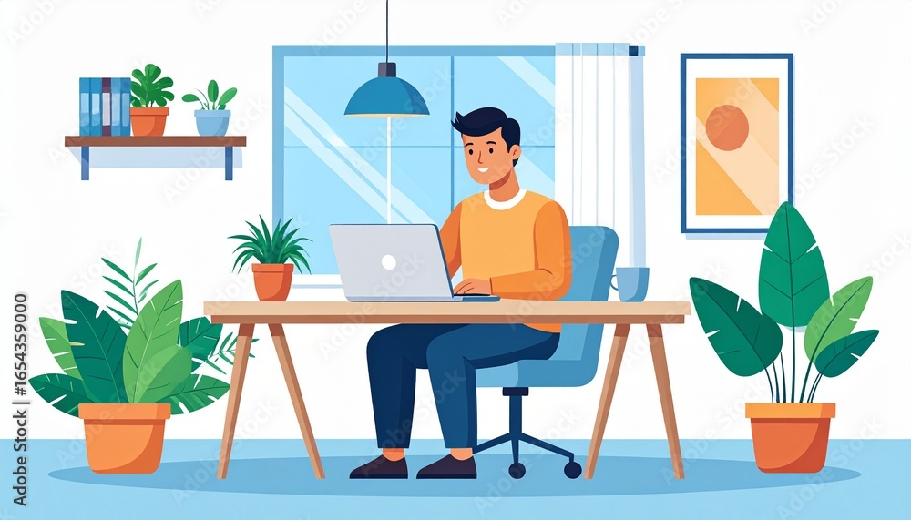 Fototapeta premium Man working on laptop in bright, modern home office filled with plants and natural light, productivity