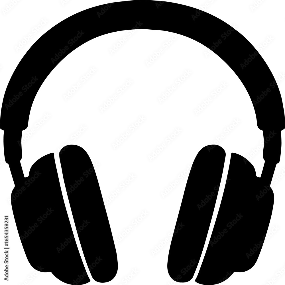 Black-and-white silhouette of a pair of over-ear headphones with a curved headband and cushioned ear cups. Designed in a clean, minimalist style, this icon evokes themes of music, audio immersion, dig Black-and-white silhouette of a pair of over-ear headphones with a curved headband and cushioned ear cups. Designed in a clean, minimalist style, this icon evokes themes of music, audio immersion, dig