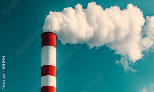 Industrial chimney emitting dense CO2 smoke against the sky, symbolizing air pollution and environmental hazards from fossil fuel combustion, contributing to greenhouse gas emissions, Generative AI