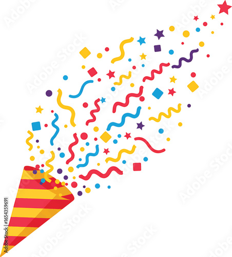 Colorful party popper exploding with confetti and streamers against a white background; flat lay illustration with a celebratory mood.