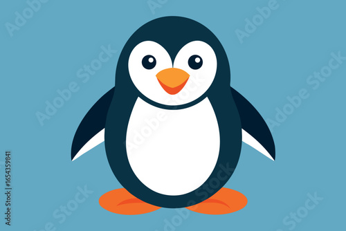 It captures the main elements: penguin, snow, ice, cartoon style, and winter theme