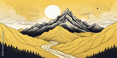 An idyllic travel illustration of a scenic sunset over a mountain lake, with a silhouetted tree and hills reflecting in the water under an orange sky