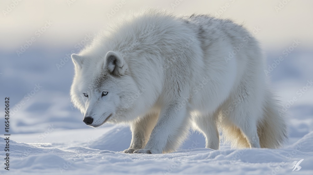 Obraz premium Close up portrait of a large male arctic wolf with thick white fur and intense eyes in a snowy winter wilderness, powerful wildlife predator symbolizing strength and survival in harsh frozen nature