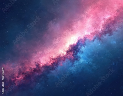 Fototapeta Naklejka Na Ścianę i Meble -  Abstract cosmic nebula features vibrant pink, blue gradient paint strokes across dark starry sky. Swirling colors create dynamic texture resembling space galaxy. Digital artwork with glowing lights,