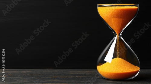 Elegant hourglass with golden sand on a dark background symbolizing time passage and urgency for