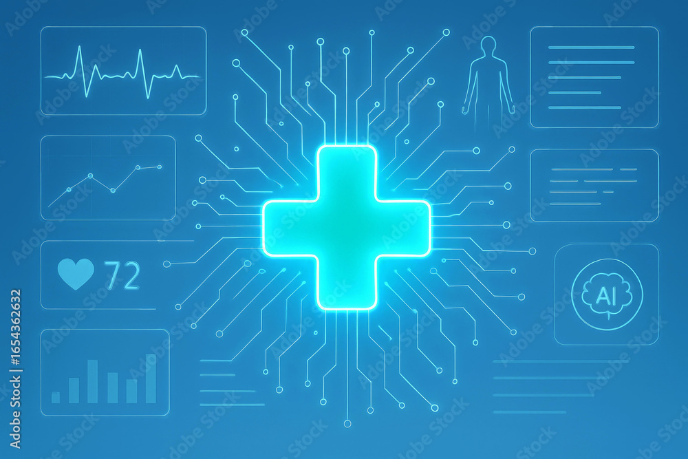 Fototapeta premium Digital Healthcare Technology with Medical Icons and Circuitry science