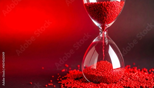 Dramatic hourglass with flowing red granules symbolizing the passage of time, urgency, and deadlines on a dark background.