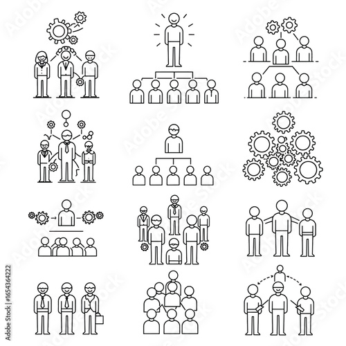 Flat lay illustration of a diverse team collaborating, showing a simple organizational chart with cogs, in a neutral monochrome style against a white background.