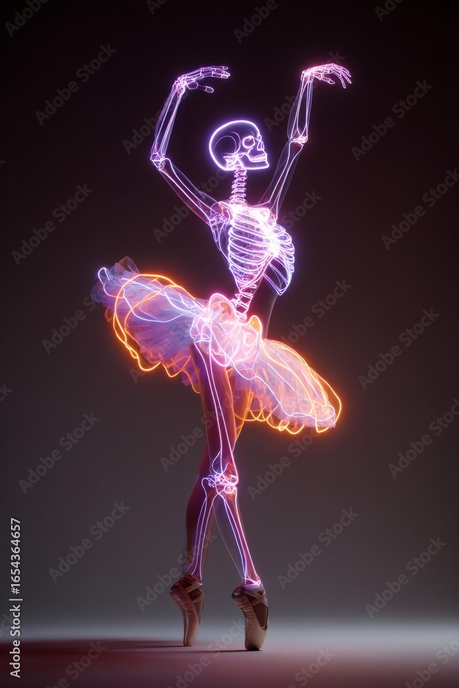 Obraz premium Skeletal ballerina performing ballet pose, translucent bones radiating ethereal glow through diaphanous tutu against shadowy background
