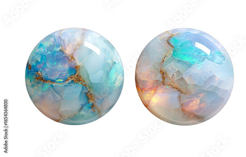 Two polished opal spheres, showcasing vibrant colors and patterns
